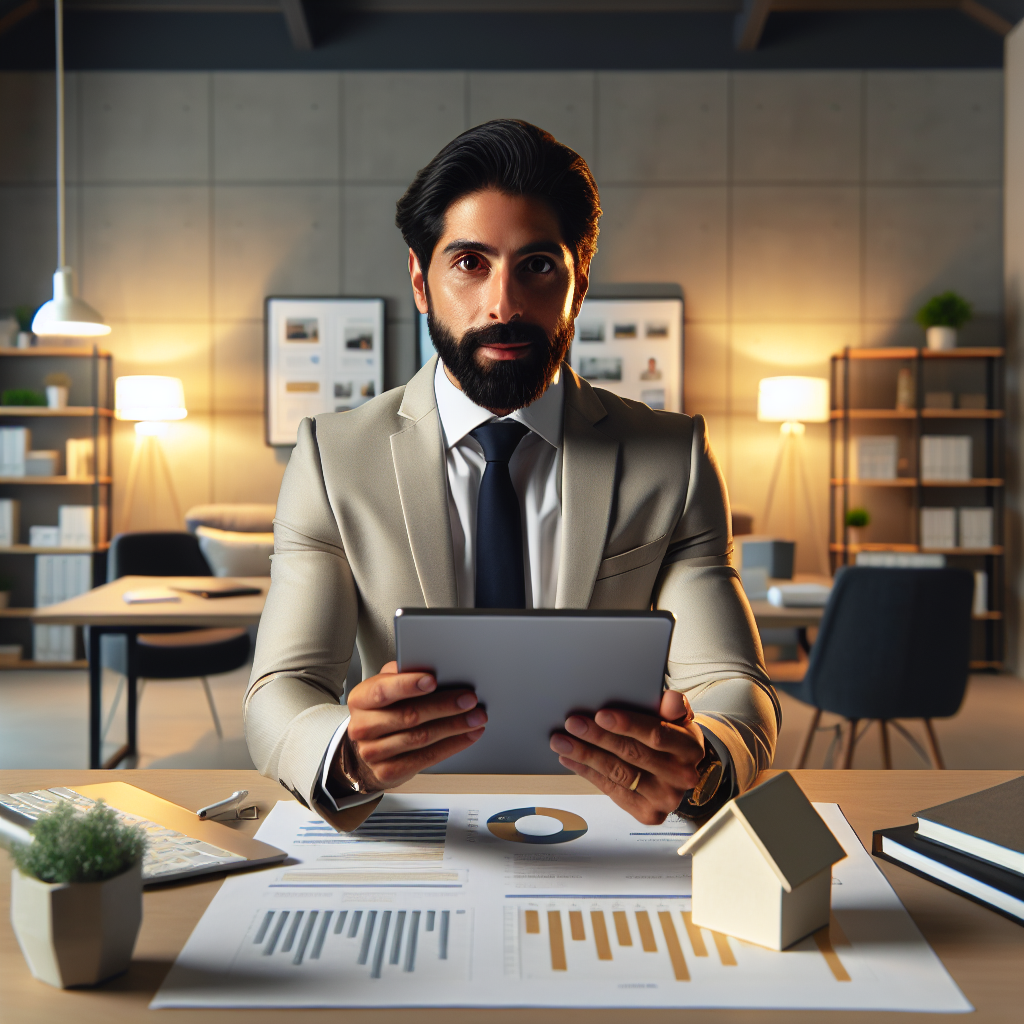 Loan officer uses tablet to film short-form video in bright office, illustrating mortgage sales funnel automation and lead generation.