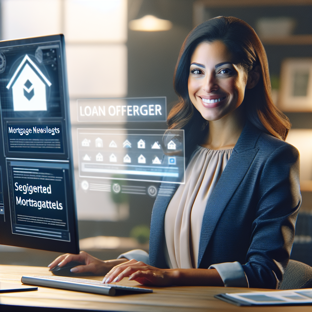 Smiling loan officer reviews AI-powered dashboard with segmented mortgage newsletters, highlighting personalization strategy.