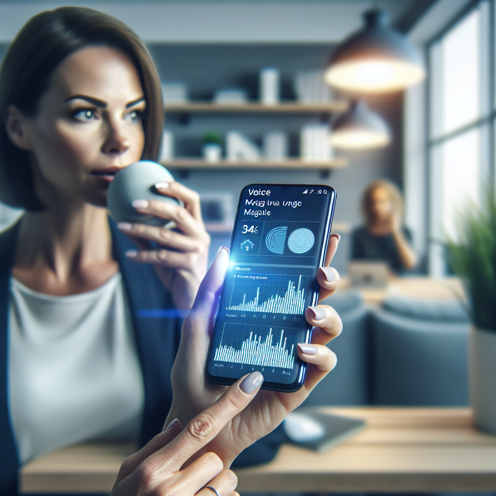 Illustration of a person using voice search on smartphone with visual SEO data charts, highlighting mortgage industry trends shift.