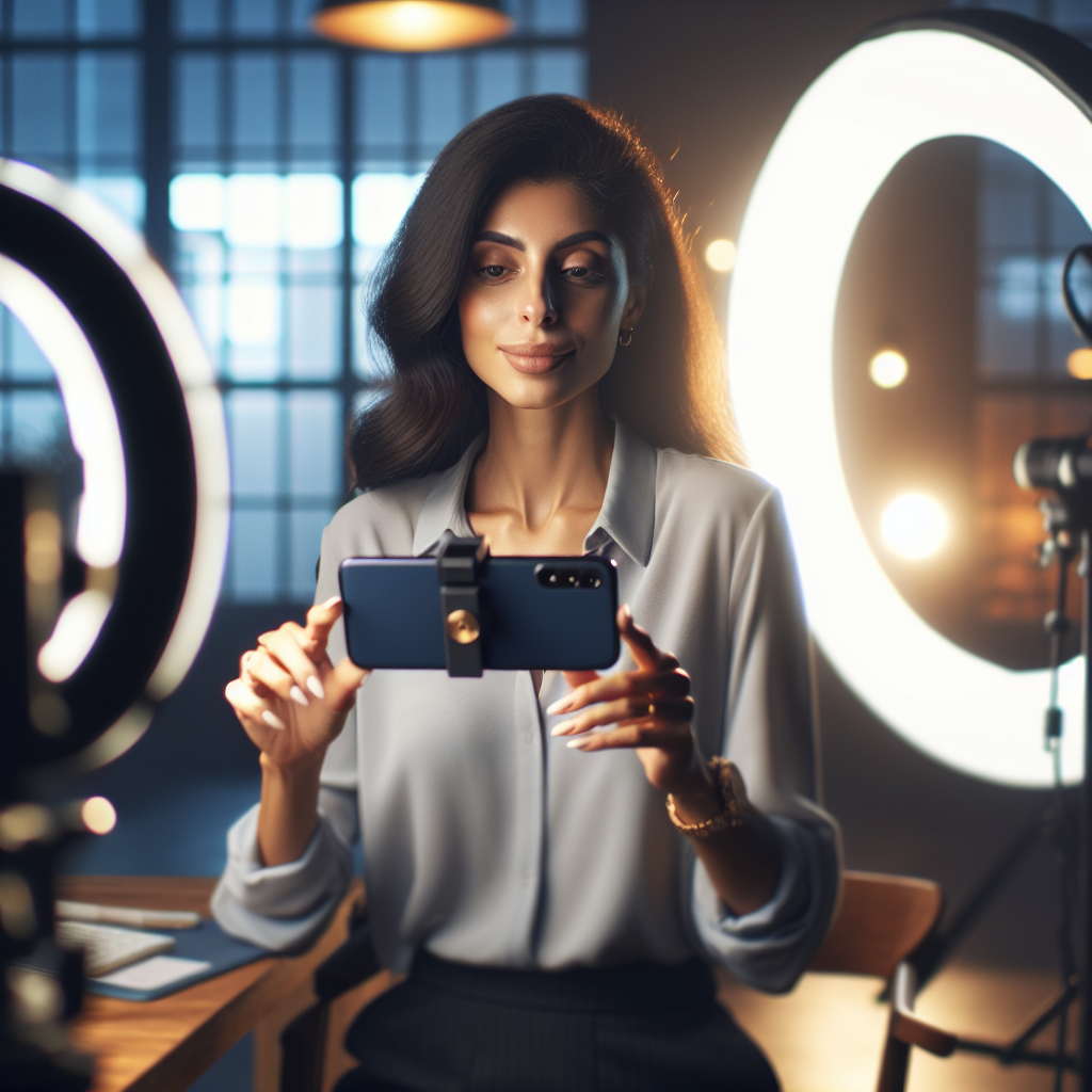 Marketer filming short-form video with smartphone and ring light, illustrating 2025 video marketing trends and authentic storytelling.