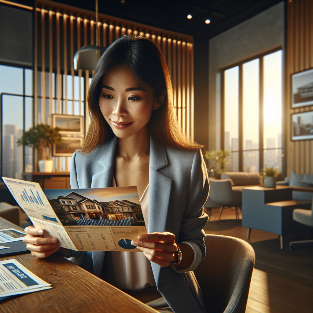A smiling mortgage professional reviews personalized direct mail postcards with charts and home images, highlighting mortgage direct mail strategy.