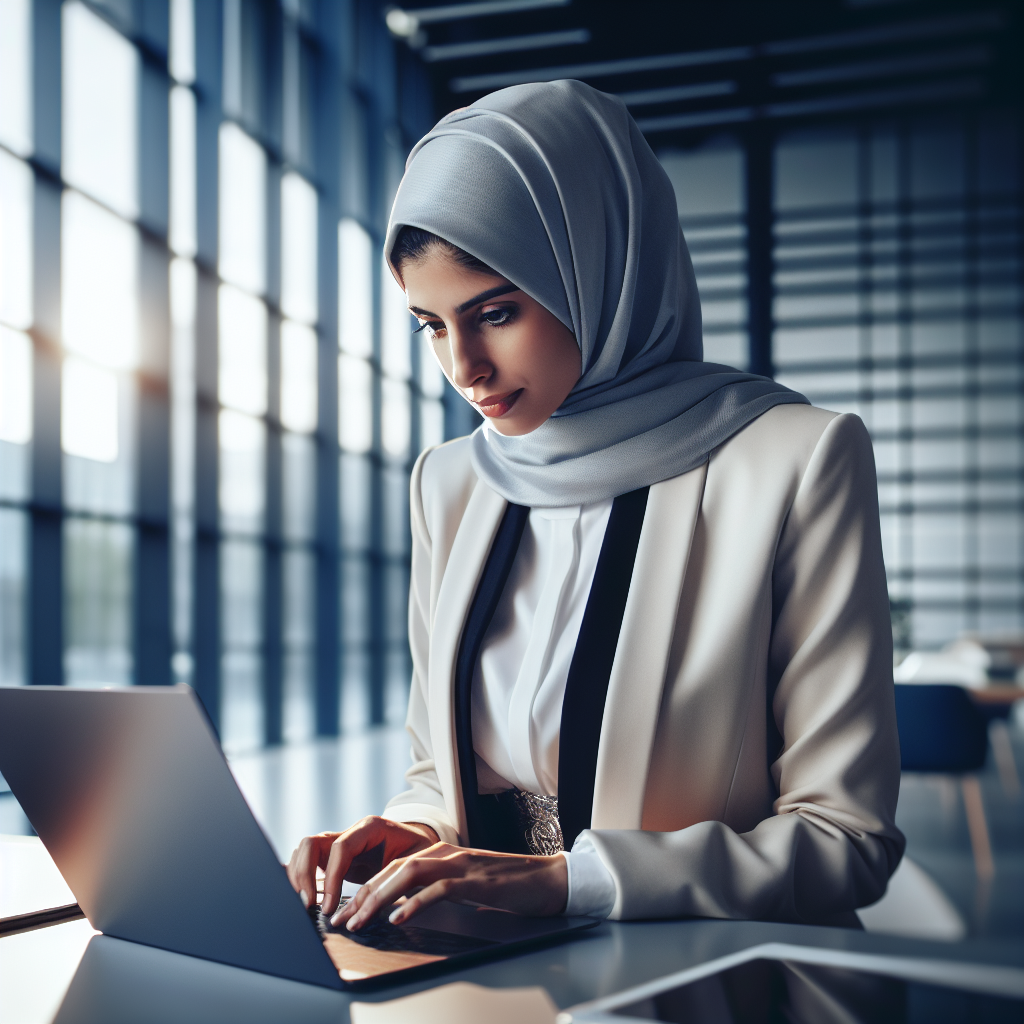 Professional marketer analyzes voice search trends on laptop, optimizing strategy for mortgage buyer leads in a modern office.