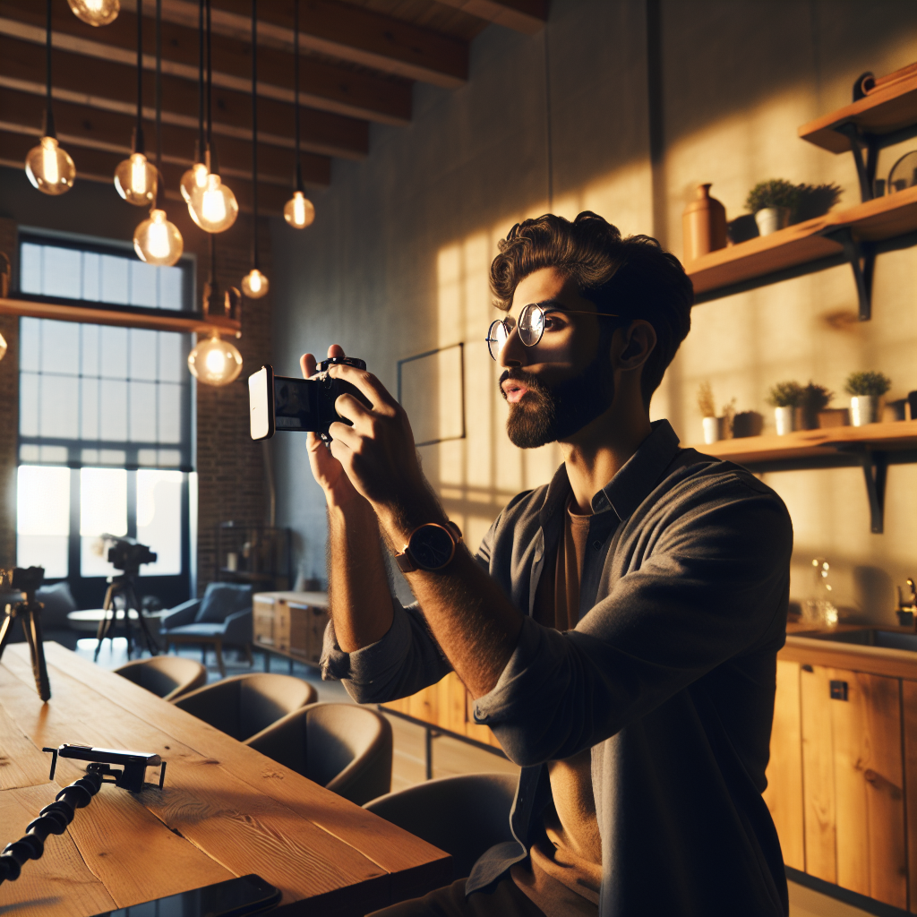 Young micro-influencer recording mortgage affiliate content at home with smartphone, highlighting personal, data-driven marketing strategy