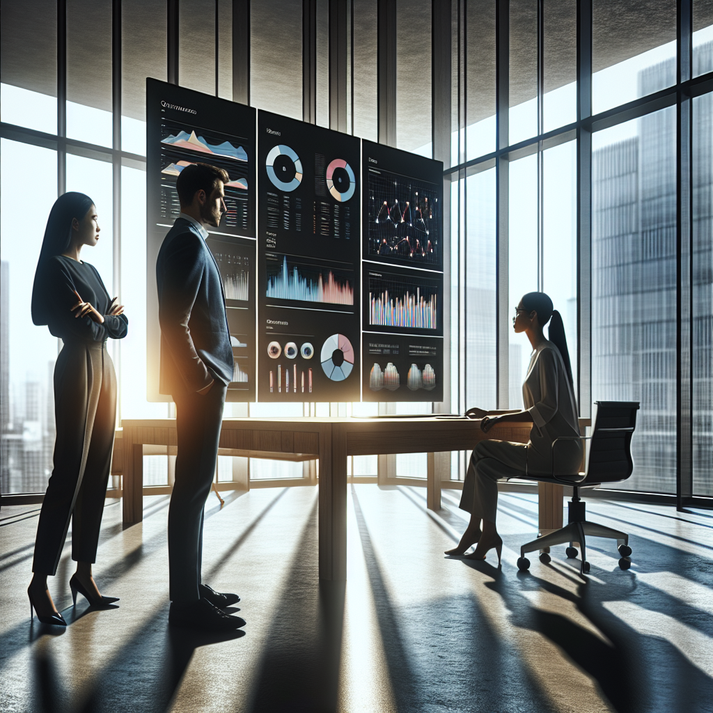 Illustration of business professionals analyzing AI-driven dashboards and customer data to improve b2b email leads personalization strategies.