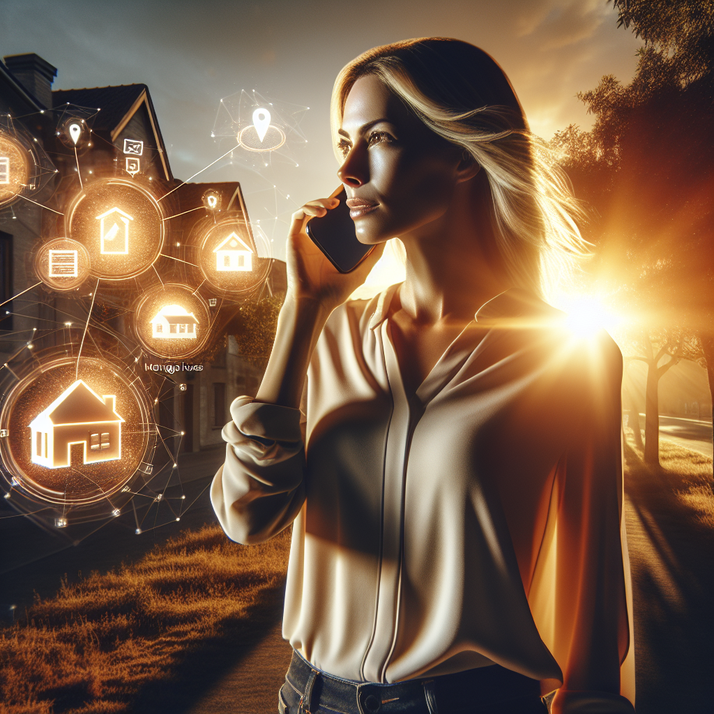 A smartphone user speaks into a voice assistant with floating icons showing mortgage terms like “rates near me” and “pre-approval”; the scene highlights mortgage lead capture through conversational search technology.