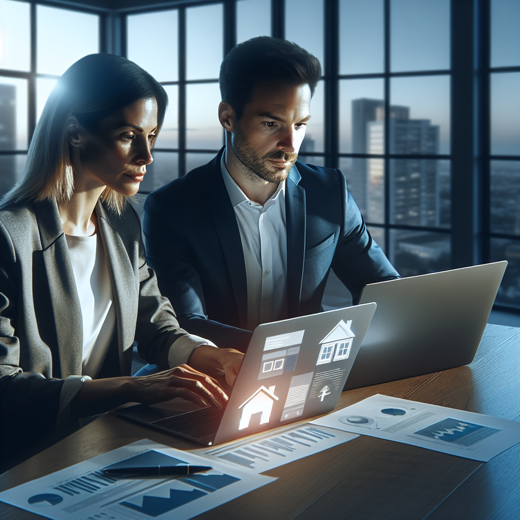 Two mortgage professionals reviewing digital storytelling content on laptops, highlighting 2025 mortgage marketing ideas shift.