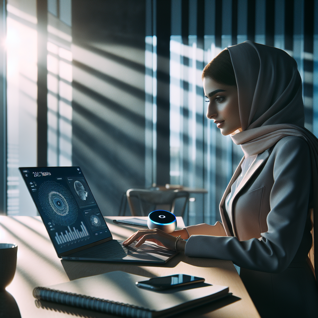 Professional marketer using voice assistant while analyzing mortgage telemarketing data on a laptop, highlighting 2025 trends.