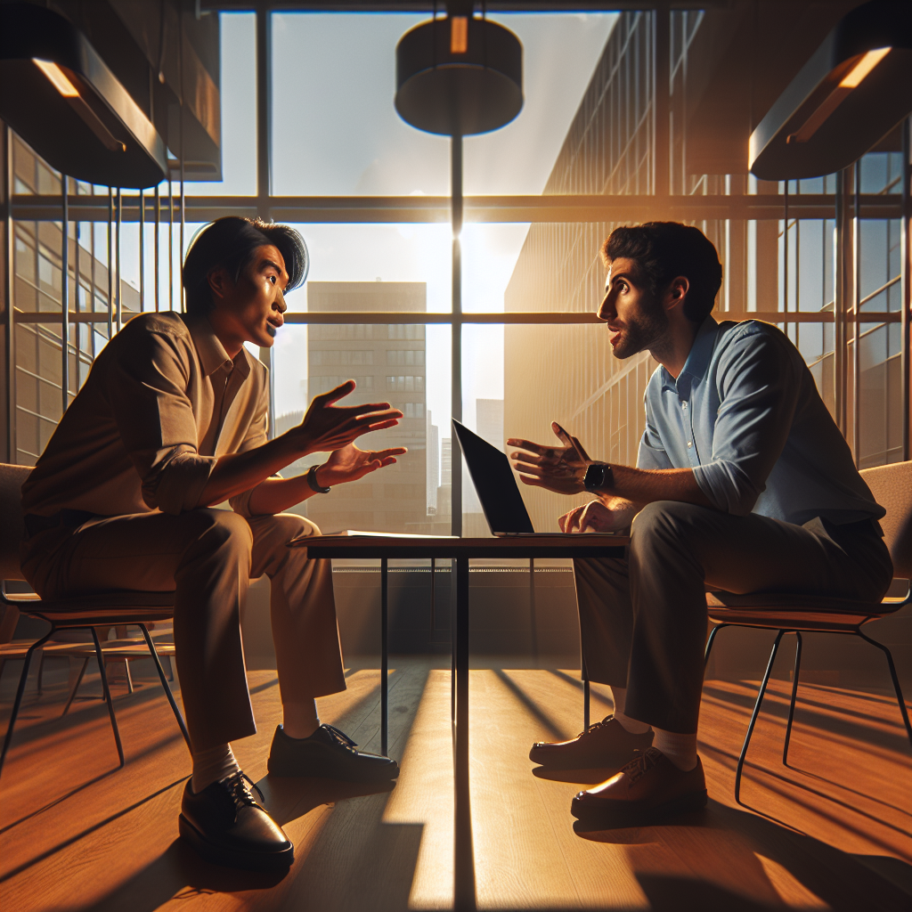 Two diverse micro-influencers discussing audience insights over laptops, symbolizing trust in the mortgage lead business.