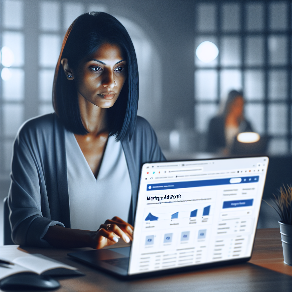A laptop screen displays mortgage adwords analytics while a marketer adjusts ad settings, representing hyper-personalized targeting.