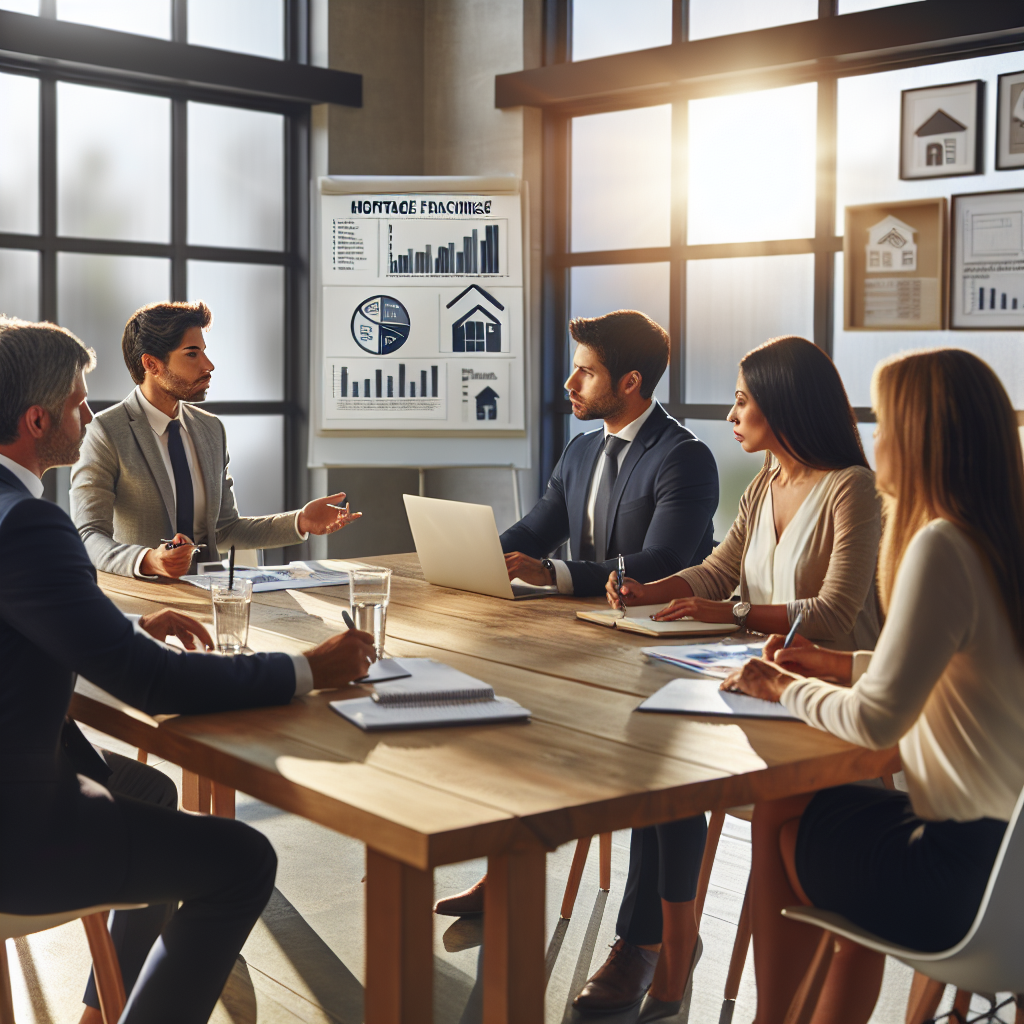 Group of diverse professionals collaborate in a bright office, discussing mortgage franchise opportunities within peer-led networks.