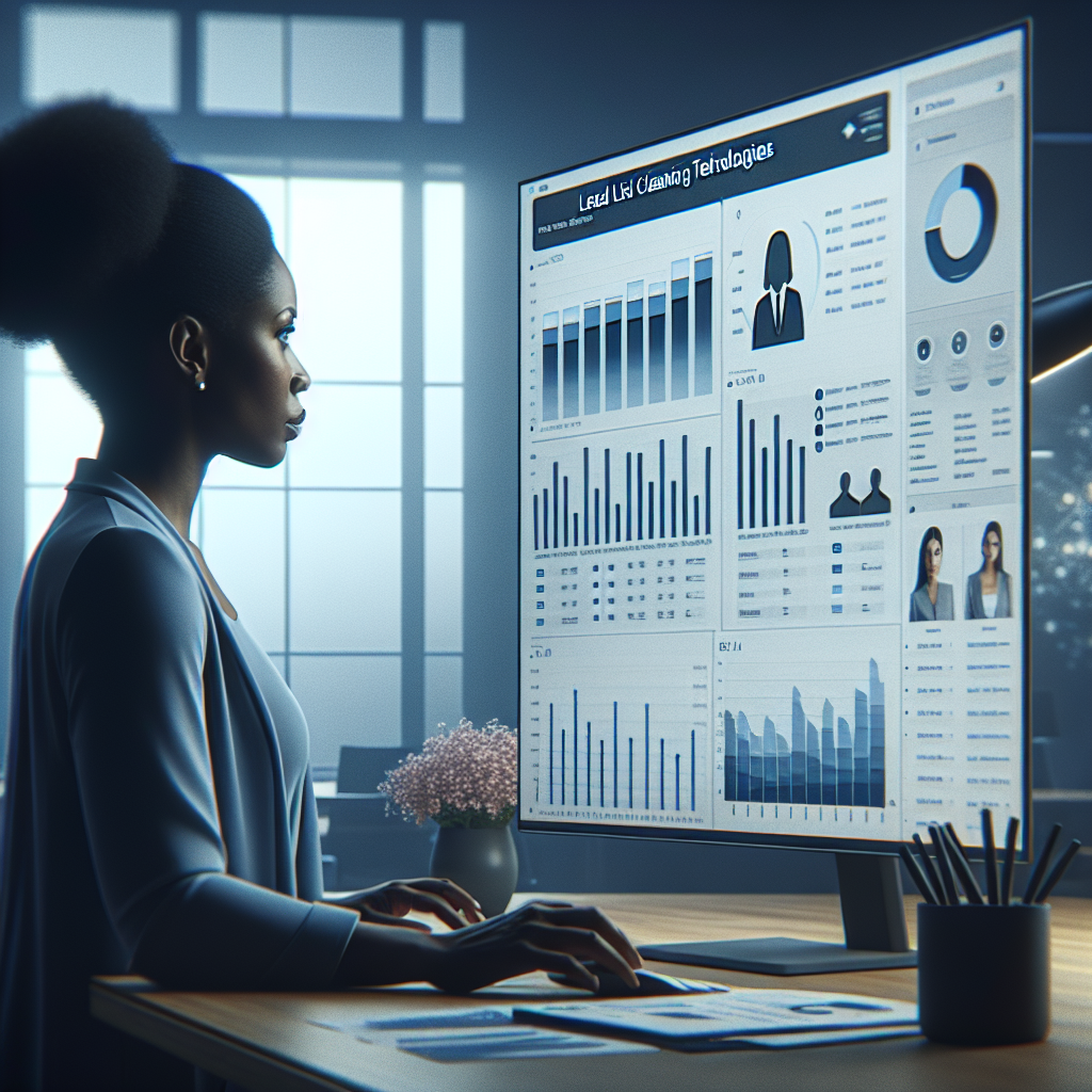 AI agent reviewing B2B database leads on screen with data charts and contact profiles, symbolizing lead list cleansing tech