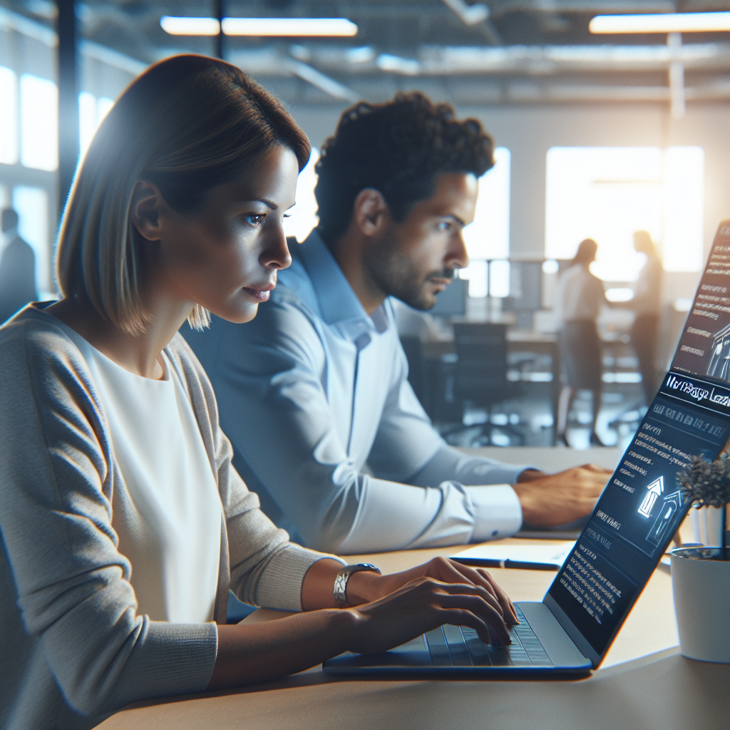 Two professionals using laptops review mortgage loan leads data with AI call prompts on screen, symbolizing smarter cold calling.
