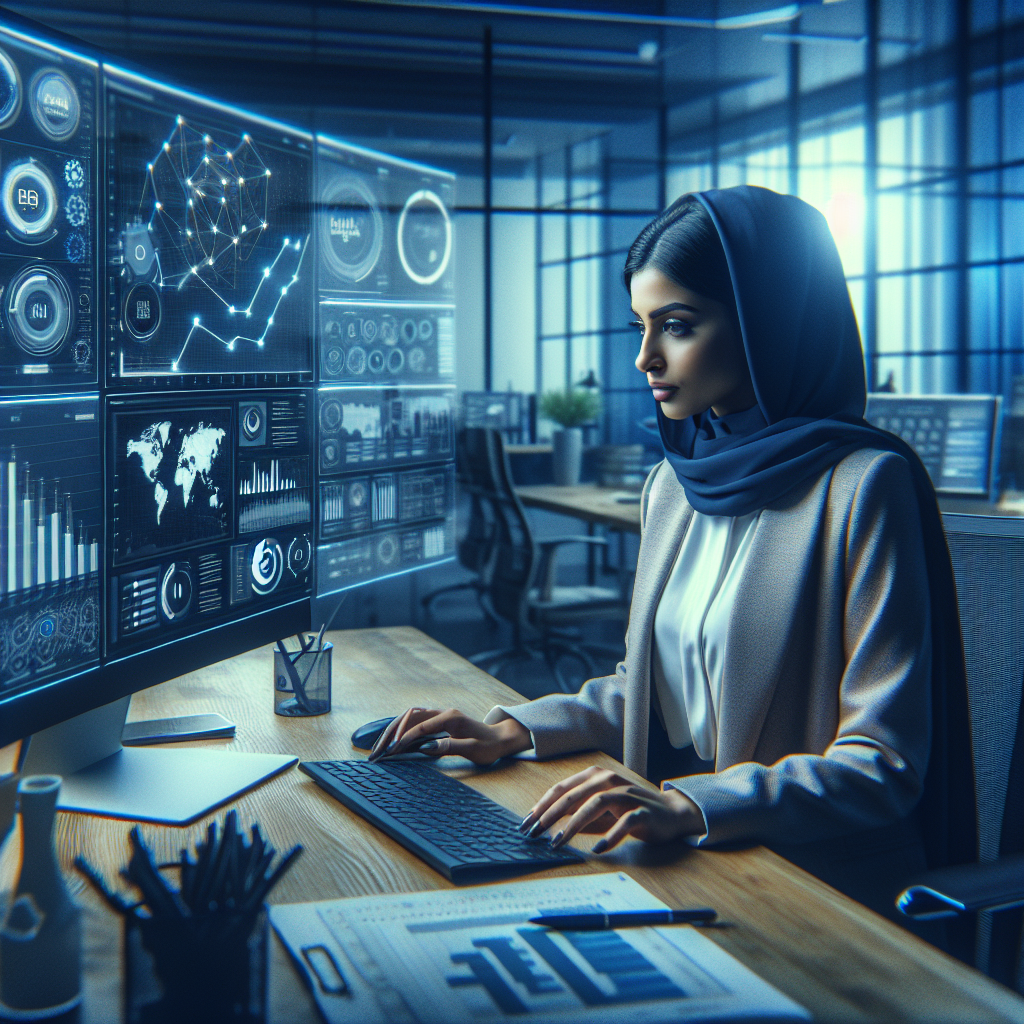 Professional sales rep using dashboard with charts and AI analytics to monitor b2b leads tools performance and prospect scoring.