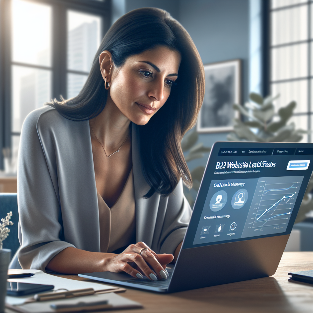 Business professional analyzing B2B website leads dashboard on laptop, highlighting personalized cold email strategy and data triggers.