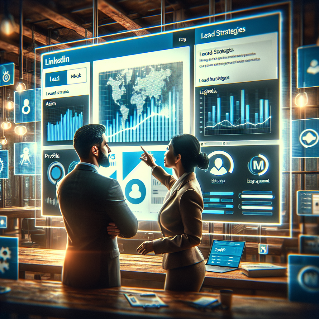 Professional showing business owner leads strategy on LinkedIn dashboard with graphs, profile metrics, and engagement stats.