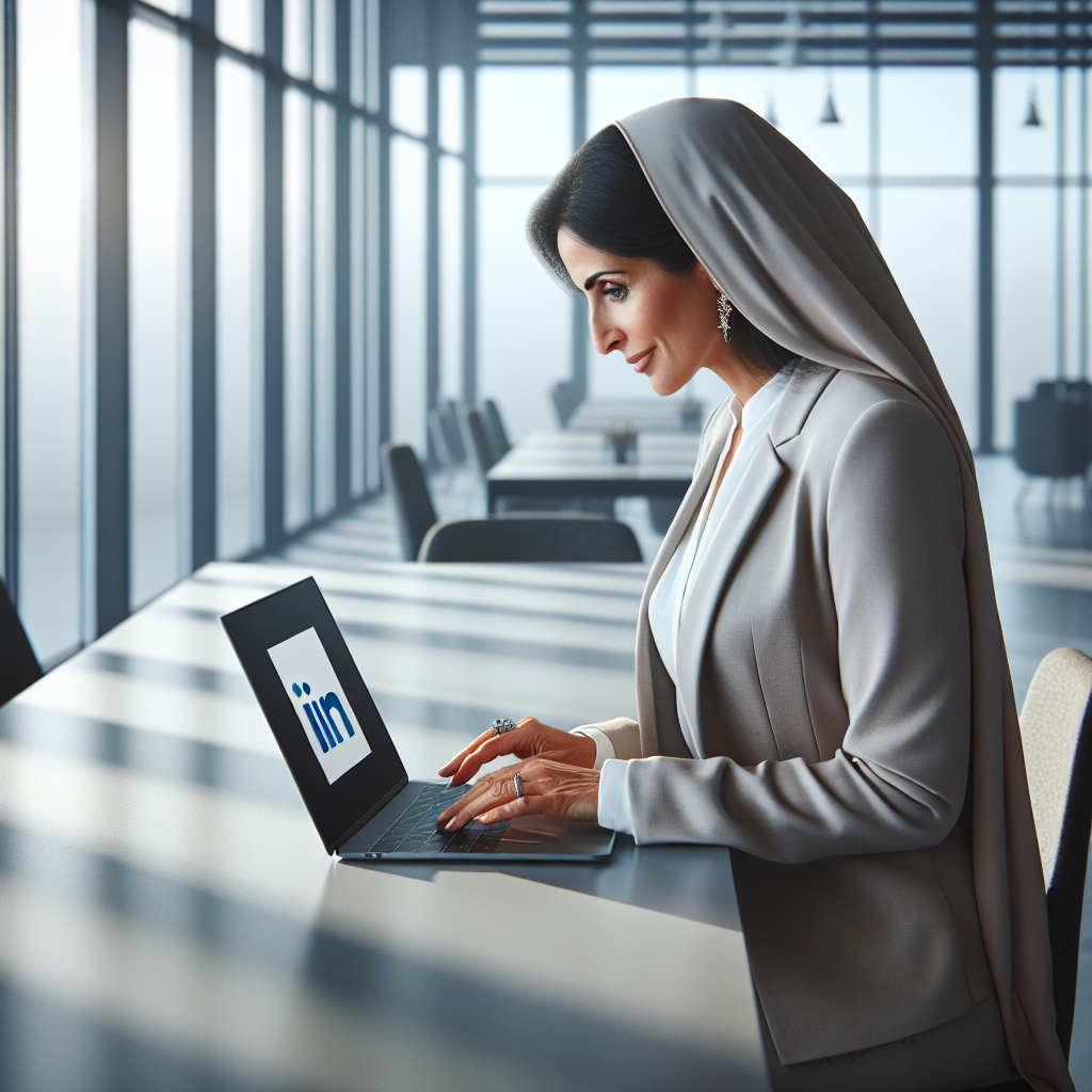 Professional B2B salesperson updating their LinkedIn profile on a laptop, emphasizing trust and sales leads b2b strategy.