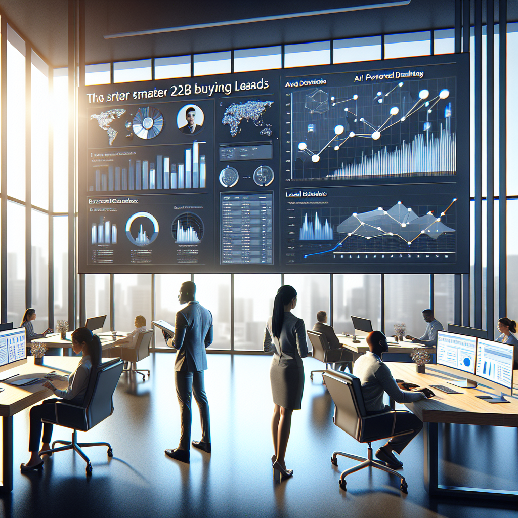 Business professionals reviewing AI-powered dashboards with lead graphs and CRM data, illustrating smarter B2B buying leads strategies.