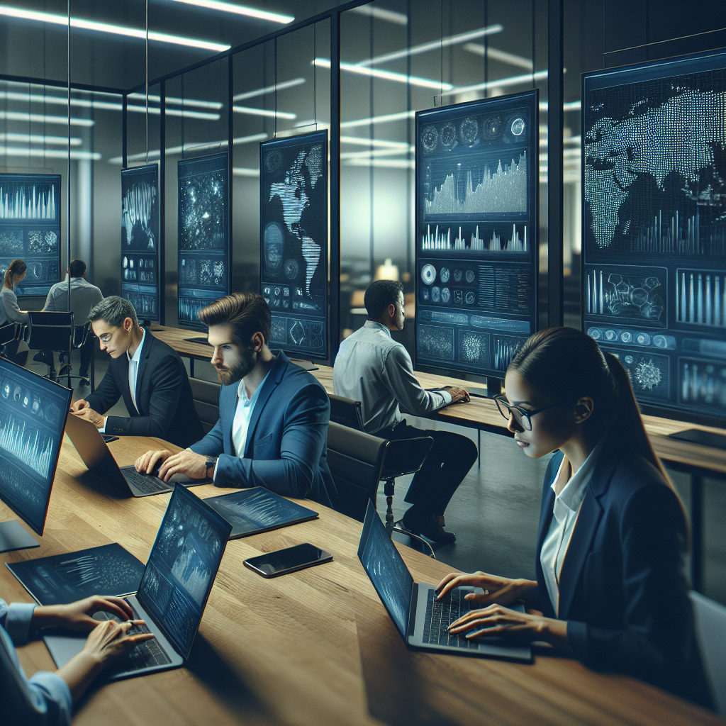 Business team analyzing data on laptops and screens with AI charts, symbolizing a b2b leads database boosting sales prospecting