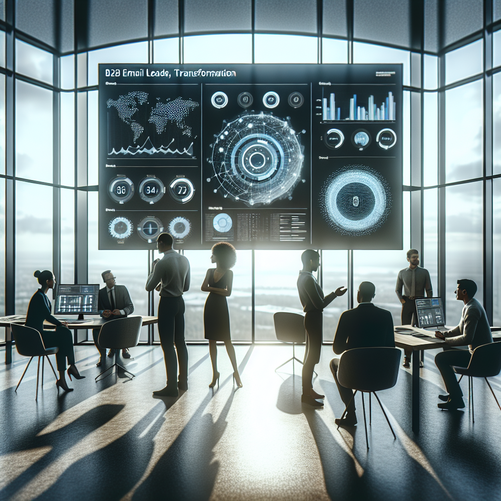 AI-driven graphic depicting B2B email leads transformation in 2025; shows analytics dashboard and diverse team collaborating.