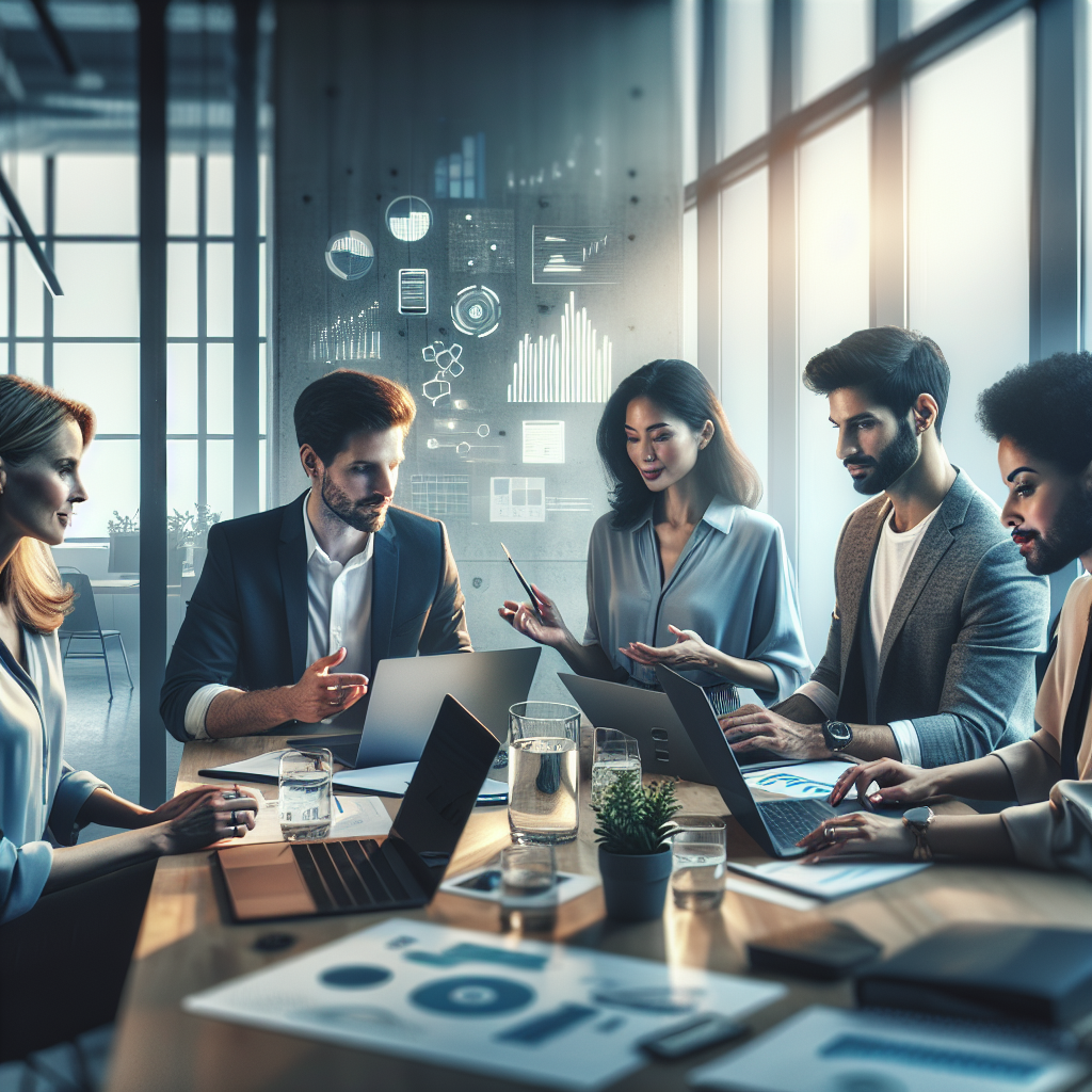 Professional team discussing b2b leads generation strategy in modern office, focusing on digital marketing tools on laptops.