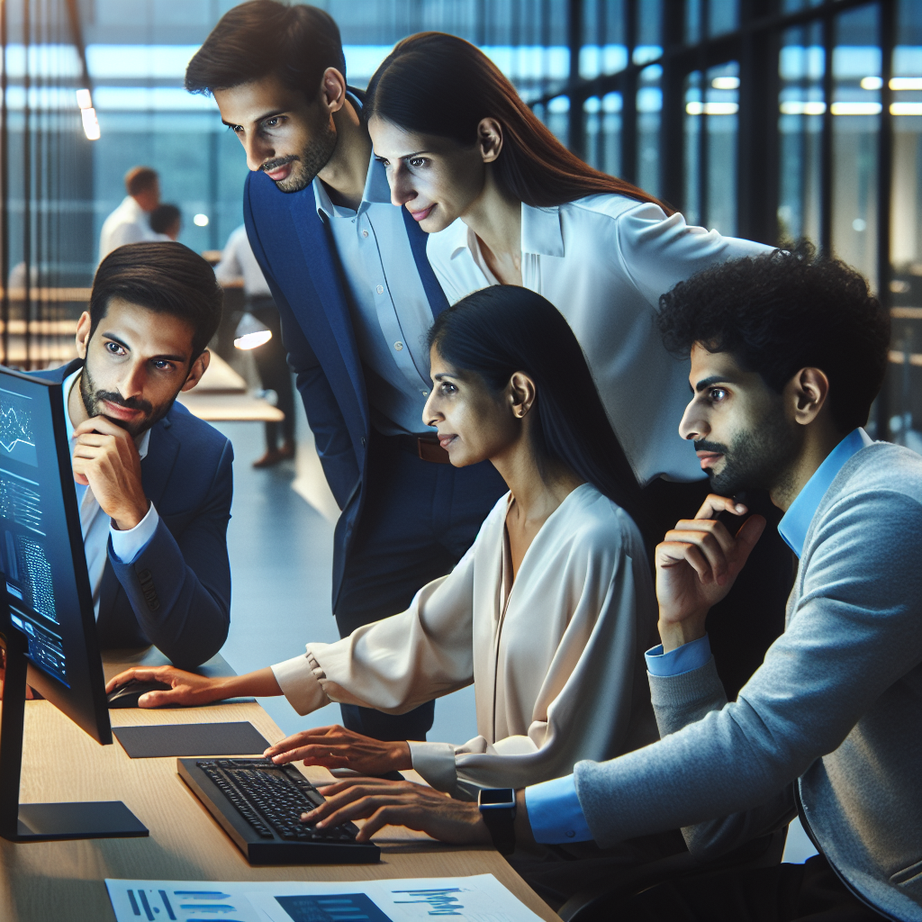 AI-driven analytics illustration showcasing a professional team analyzing data for effective B2B leads contact strategy.