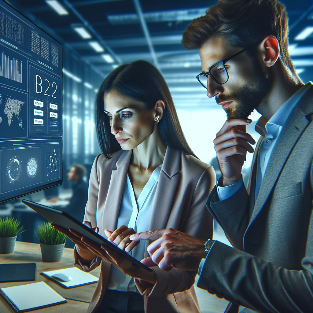 AI tools highlight key b2b leads contact by showing professionals analyzing data on digital screens for conversion growth.