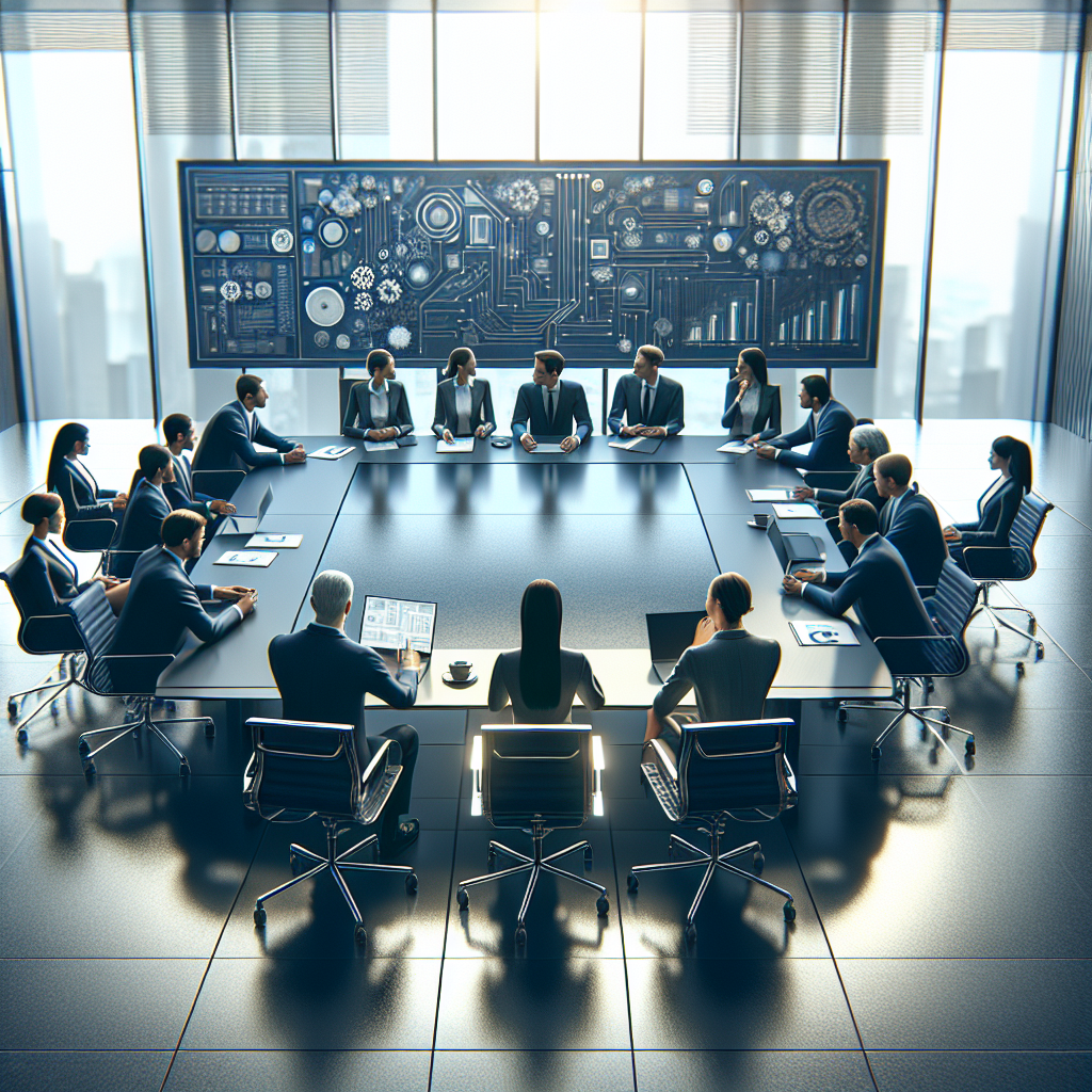 AI-powered tools illustration for B2B leads: professionals discussing strategies, using tech to enhance prospecting efficiency.