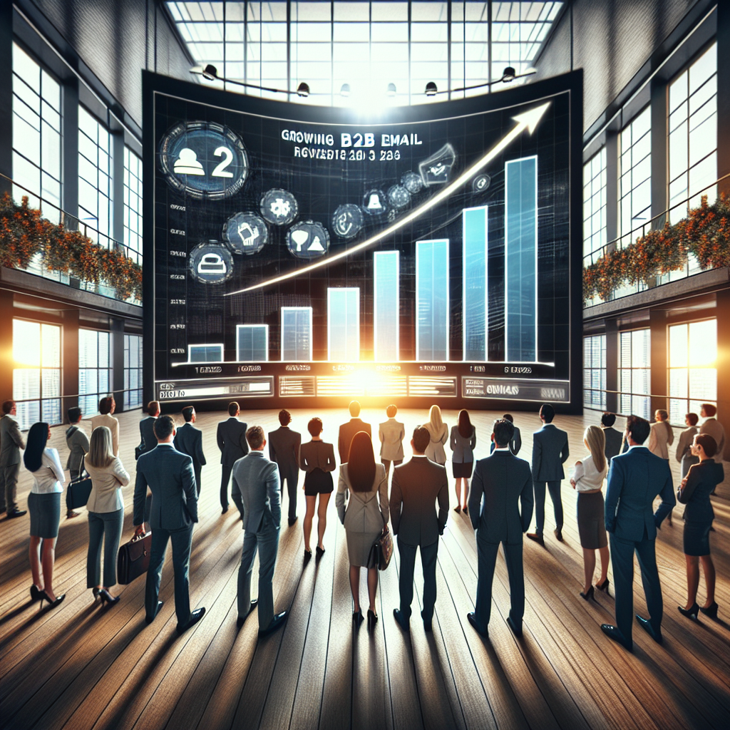 AI-powered graphic depicting B2B email leads surge; digital and professional theme enhancing lead generation.