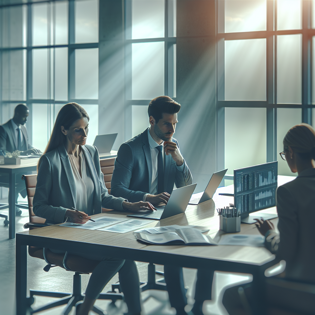 AI-enhanced b2b leads contact: sales team analyzing data on laptops, showcasing AI's role in prospecting innovation.