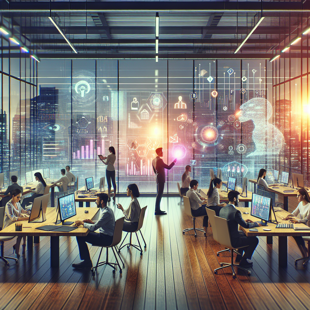 AI-driven software analyzing b2b email leads, vibrant data visuals, and professionals collaborating in modern workspace.