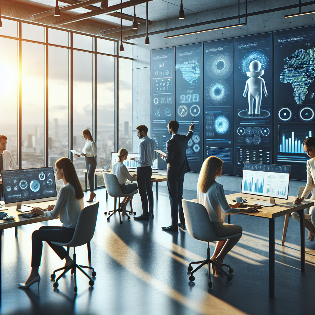 AI-powered tools analyzing sales leads data with professional sales executives. Blue and white color scheme.