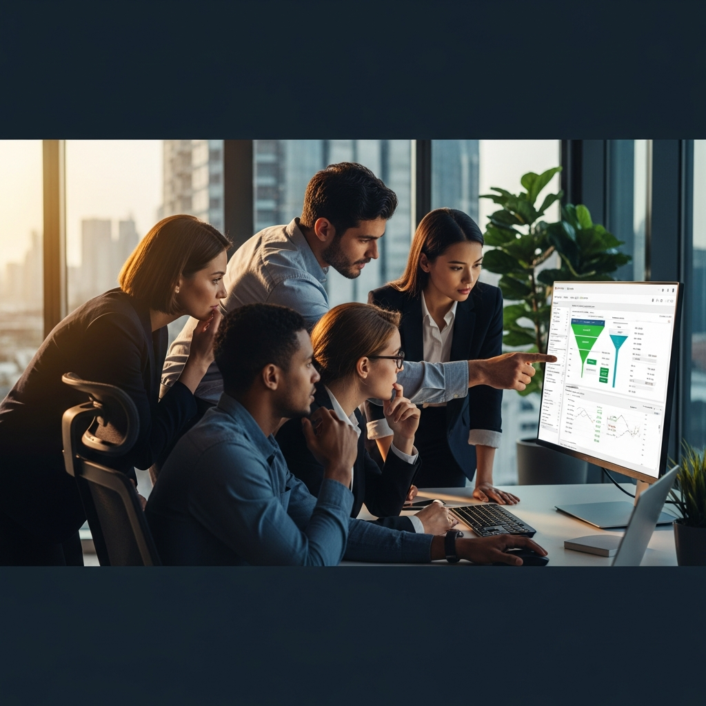 Sales and marketing team reviews business leads funnel on dashboard, highlighting MQL to SQL leak and optimization opportunities