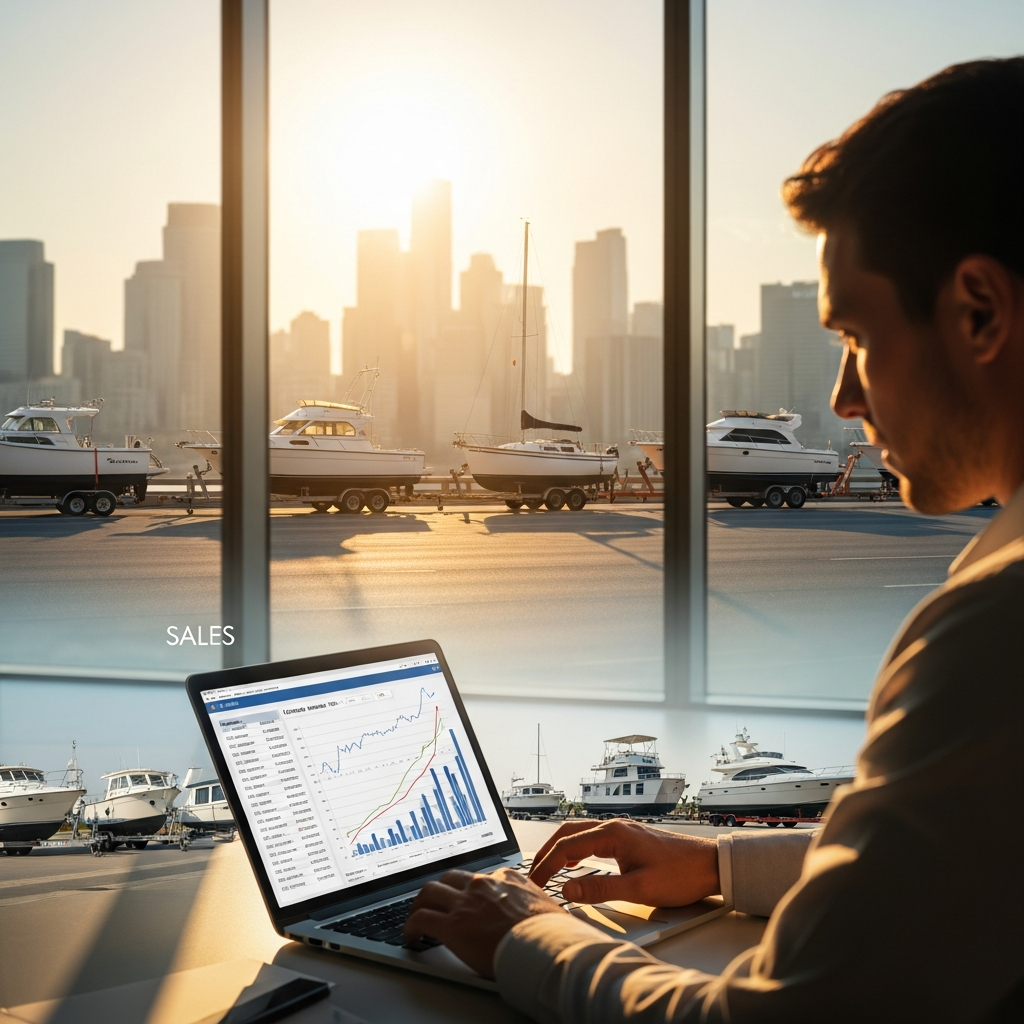 Sales rep reviewing charts on a laptop, showing how clean CRM data turns a leads database into higher outreach revenue