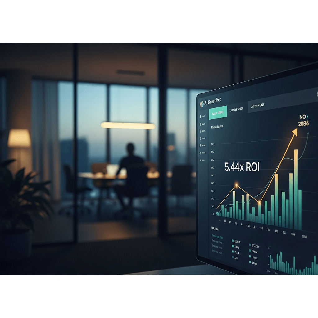 Professional dashboard graphic visualizing 5.44x ROI as rising bars and charts, highlighting automated mortgage sales marketing performance