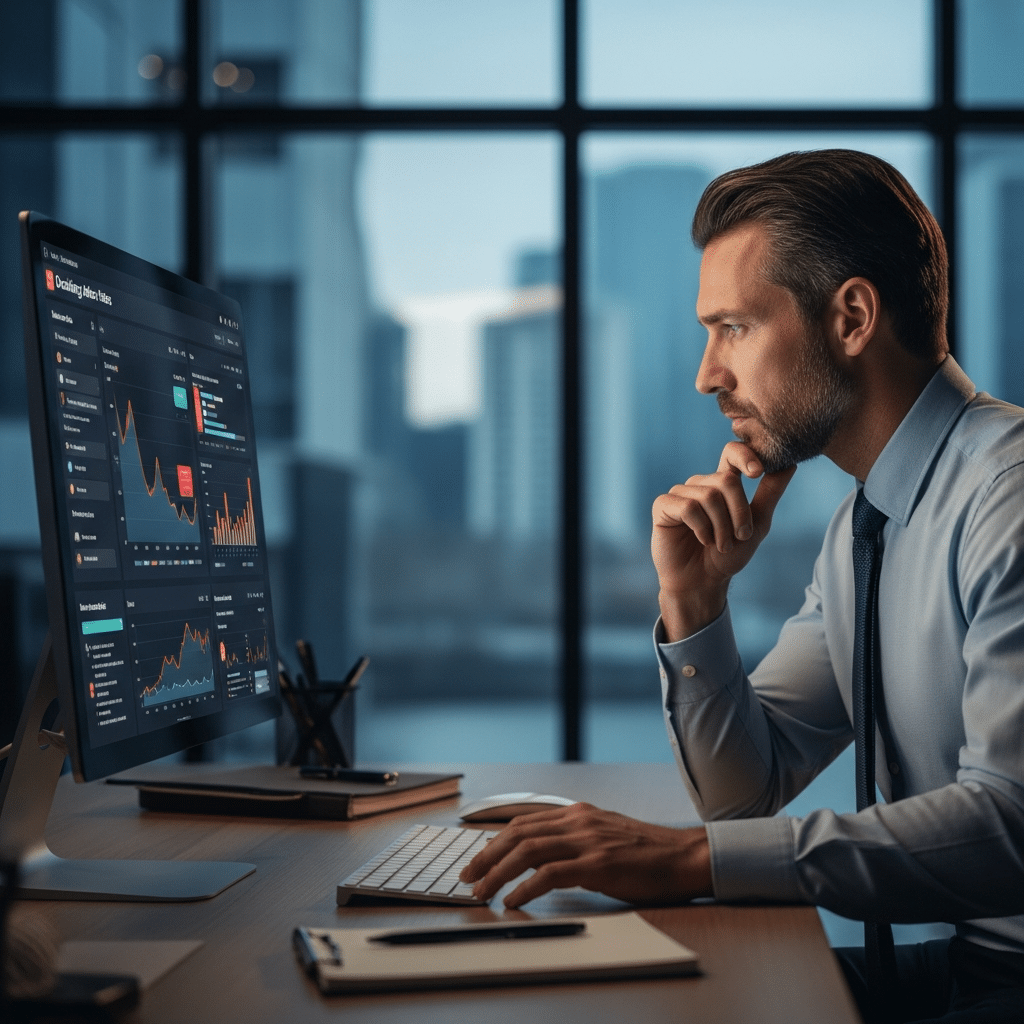 Marketer reviewing email analytics dashboard with declining inbox rates, protecting email business leads through better deliverability controls