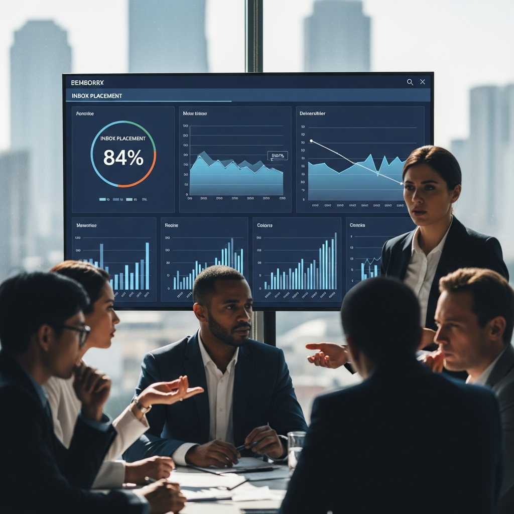 Business dashboard showing 84% inbox placement as graphs decline, highlighting how poor deliverability wastes B2B email leads