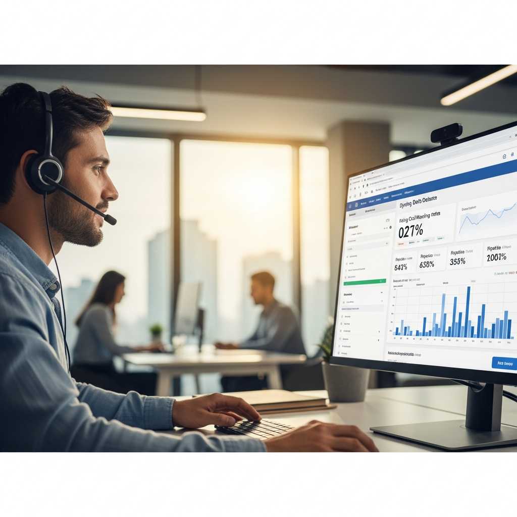 Sales rep on headset reviewing data dashboard from business leads websites, showing rising cold call meeting rate and cleaner pipeline metrics
