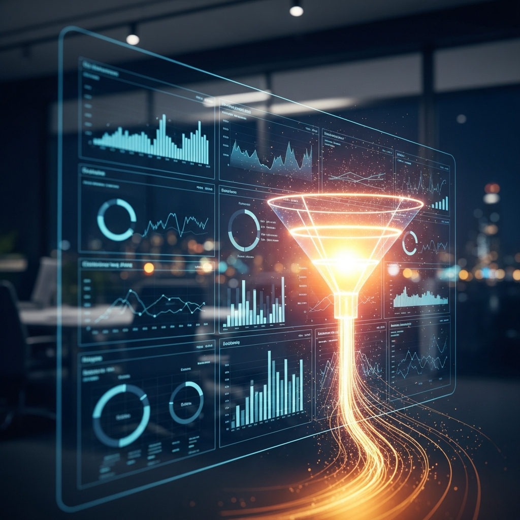 Marketing dashboard showing analytics charts and funnel visualizing 98% hidden b2b leads online turning into identifiable sales opportunities