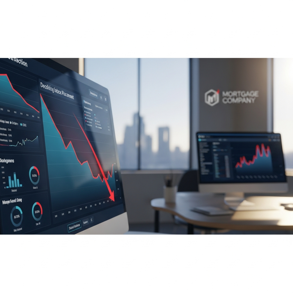Professional dashboard showing declining email inbox placement metrics, highlighting mortgage email marketing performance challenges