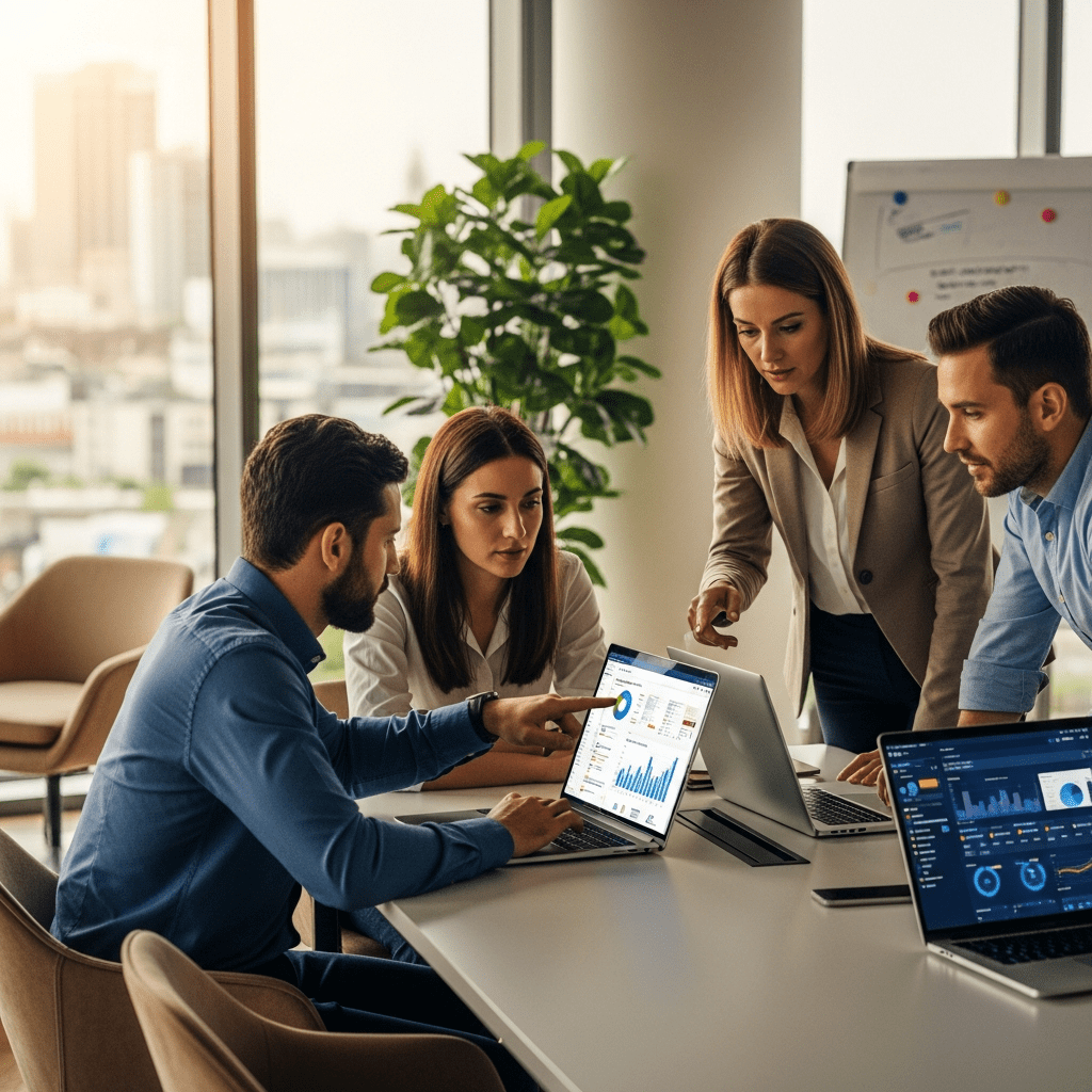 Sales and leads team reviewing AI prospecting dashboards on laptops in a modern office, highlighting data-driven outreach