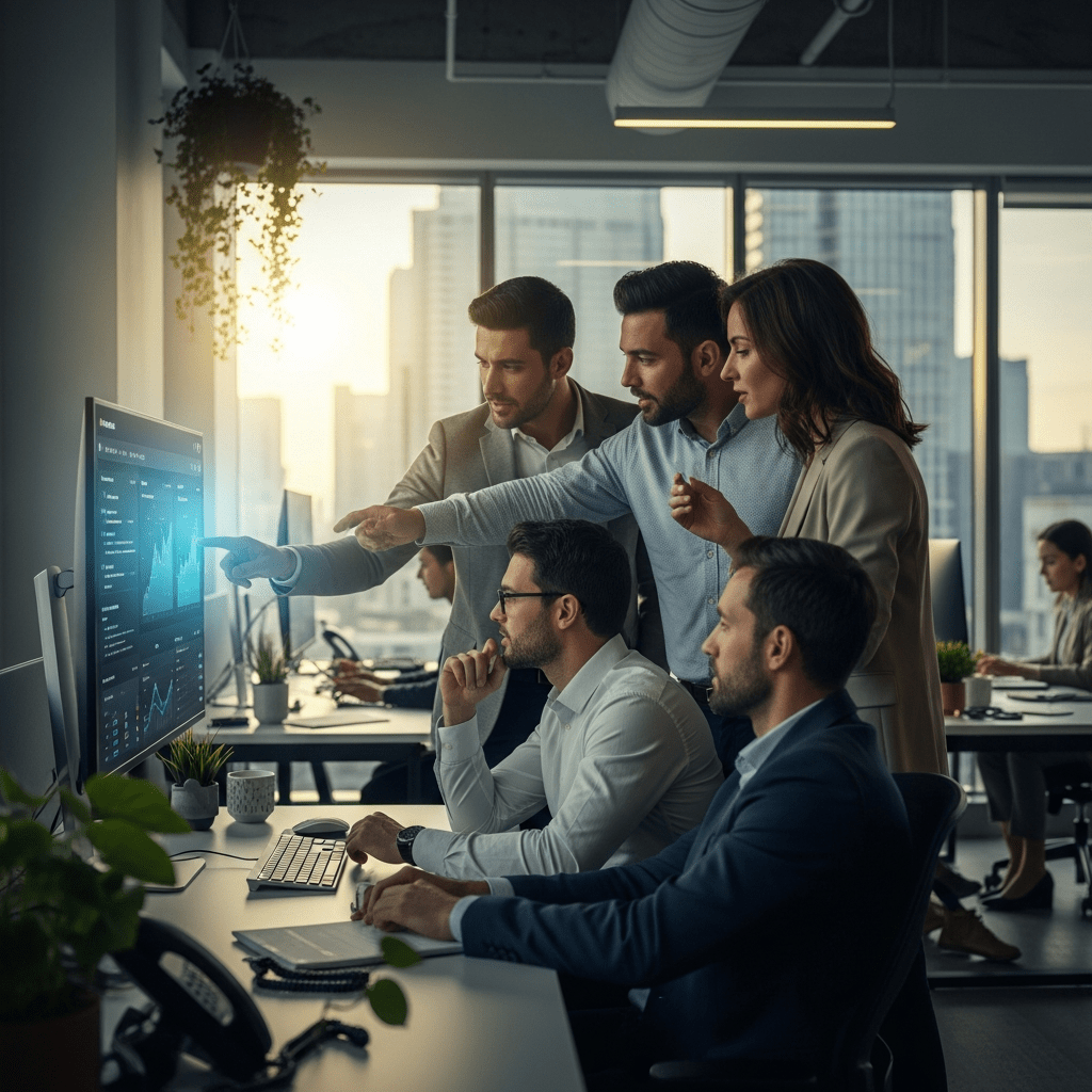 Sales team reviews analytics dashboard showing AI-driven growth in b2b website leads and lower acquisition costs