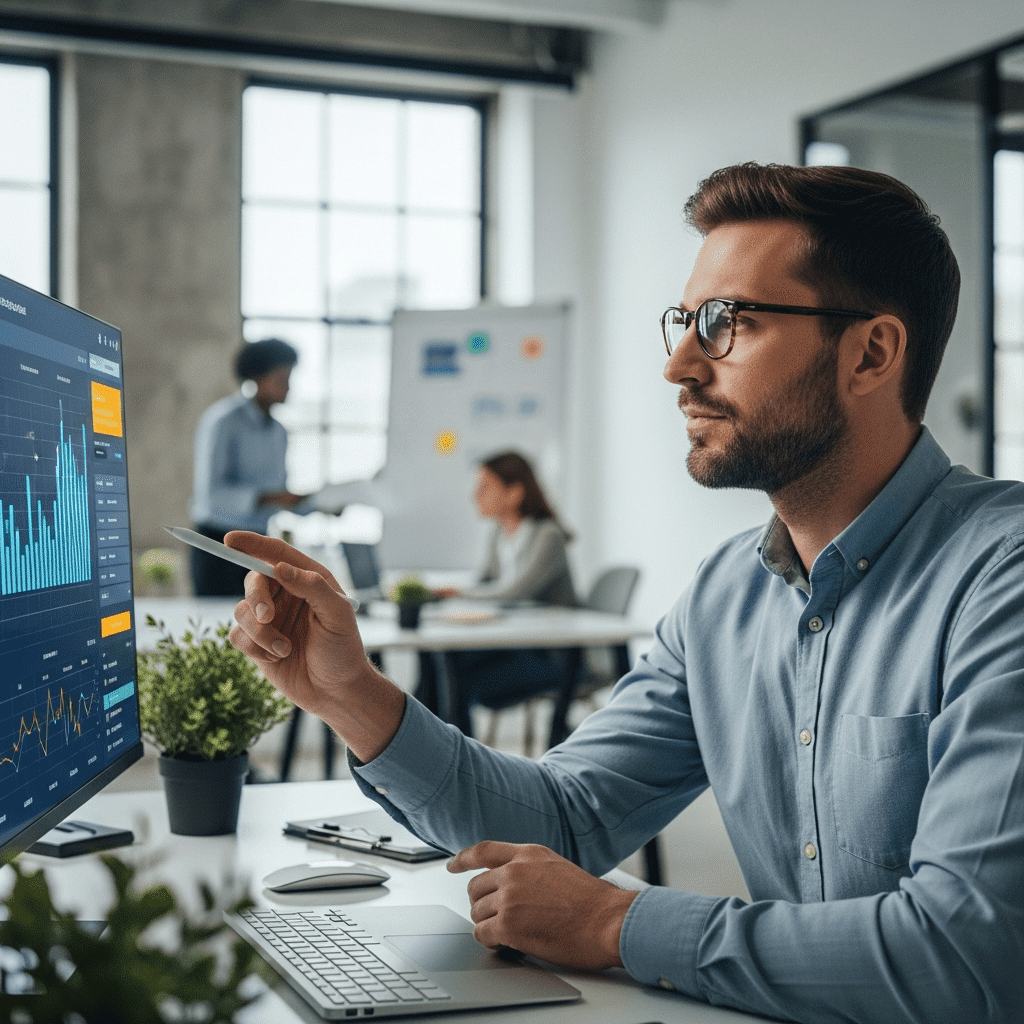 Sales rep using AI dashboard to prioritize sales leads for technology companies based on real-time buyer signals