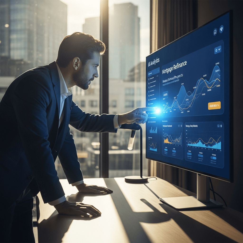 Business professional using AI analytics dashboard to prioritize mortgage marketing refi prospects and accelerate B2B sales outreach