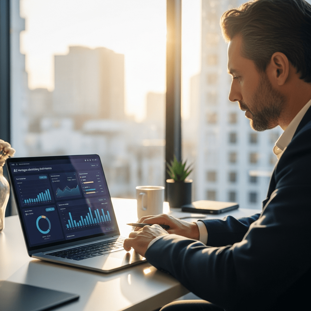 Sales rep using AI dashboard to analyze leads and optimize mortgage advertising outreach on a laptop in a modern office