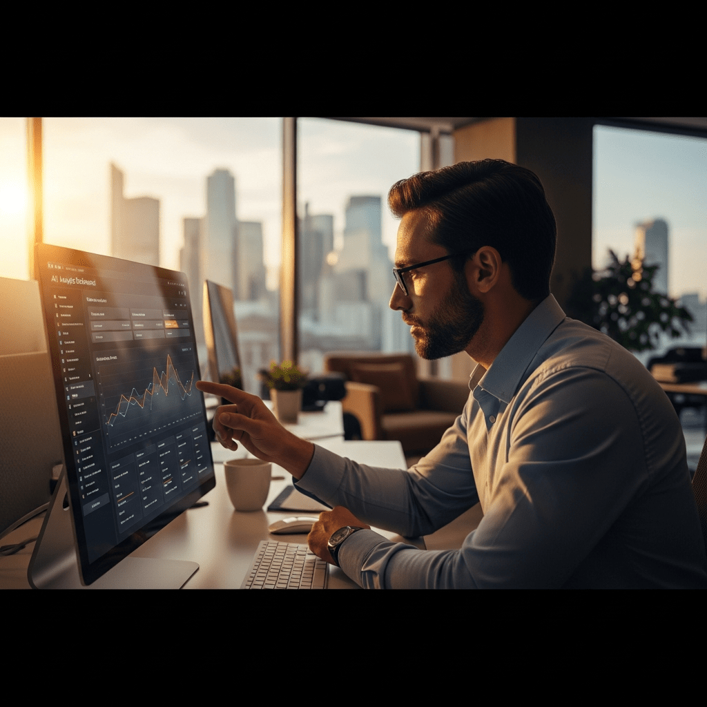 Sales rep reviewing AI analytics dashboard highlighting high-intent marketing leads and revenue growth opportunities