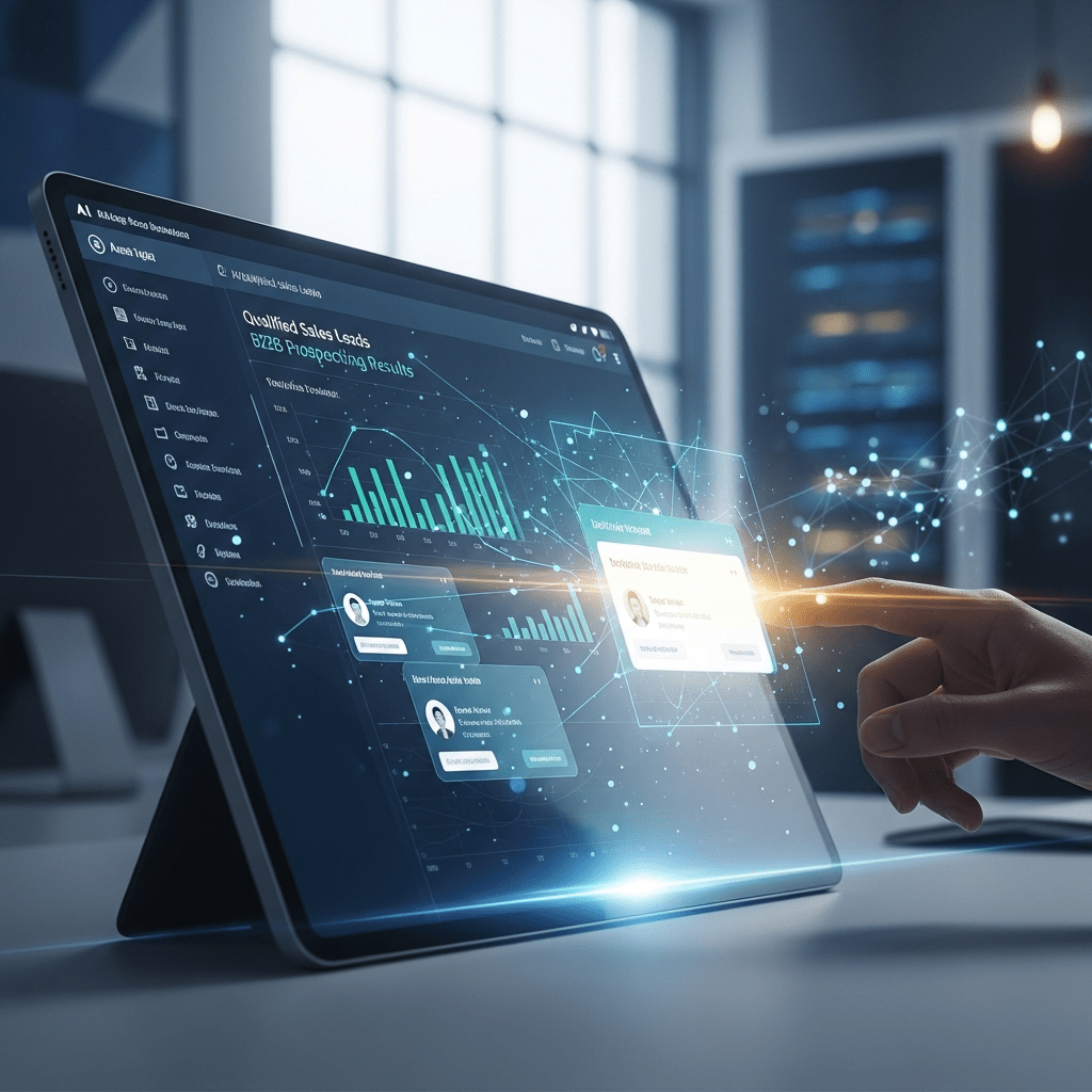 AI-powered dashboard visualizing qualified sales leads data, with charts and contact cards showing improved B2B prospecting results