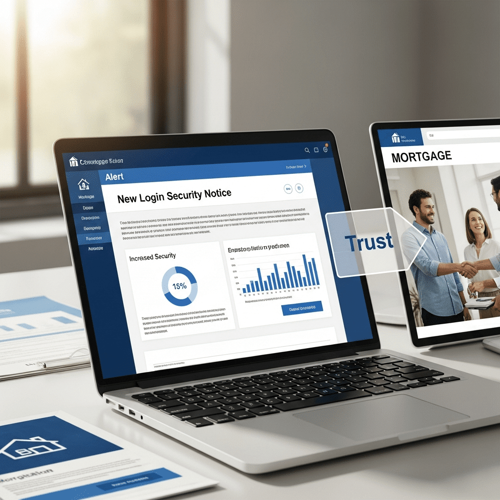 Dashboard-style alert email on a laptop, linking new login security notices to data-driven, trust-focused mortgage mailers.