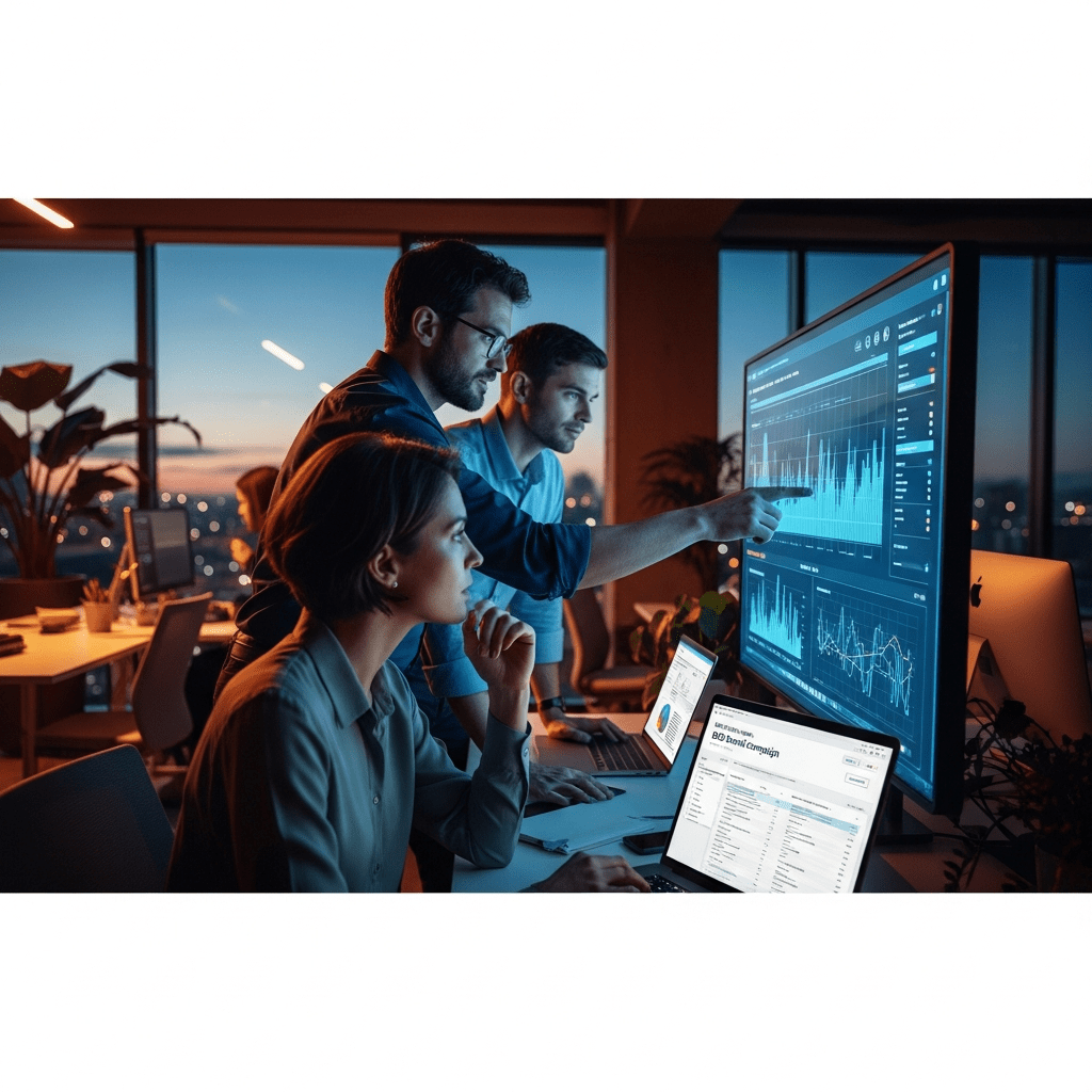 Sales leads USA team reviews AI-powered dashboards and lead scoring charts, analyzing targeted B2B email campaigns on laptops