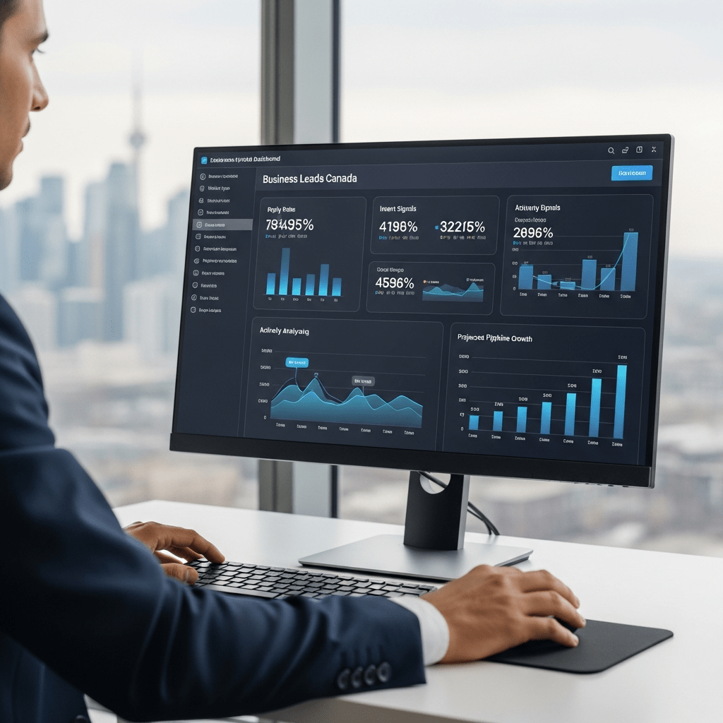 Sales rep using AI dashboard to analyze business leads Canada metrics, tracking reply rates, intent signals, and pipeline growth