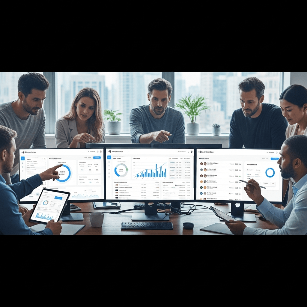 Dashboard view of AI-powered b2b leads tools scoring and ranking B2B prospects for sales teams in a modern office setting